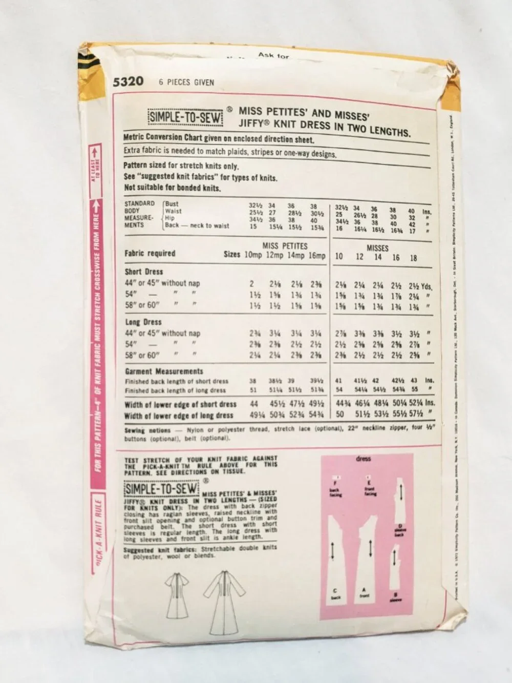 Miss Petites' Misses' Jiffy Knits Dress Pattern 5320 Simplicity 1972 Size 12
